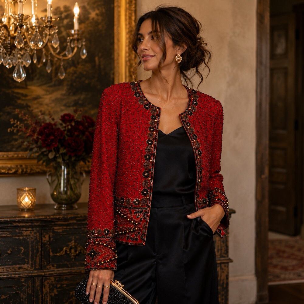 Lawrence Kazar Silk Beaded Jacket L Red Black Gold Evening Cocktail Vintage
